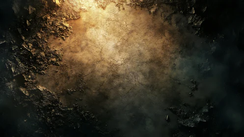 Rocky crater interior with central cracked ground surface.