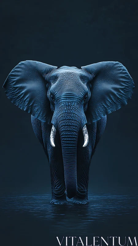Gentle blue elephant standing calmly in shimmering water.