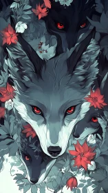 Multiple red-eyed wolves emerge from stylized floral foliage