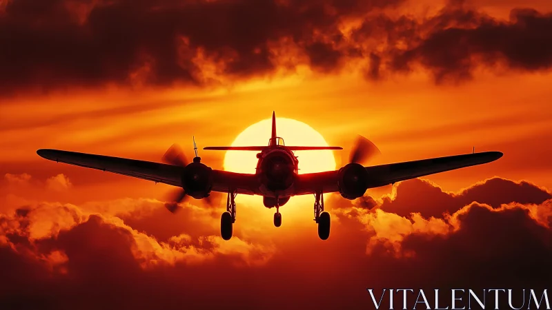 Glowing sunset welcomes a propeller plane into vivid orange sky