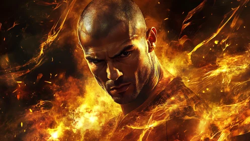 Fierce bald warrior engulfed in dynamic swirling firestorm.