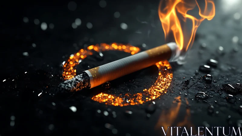 Ignited cigarette on wet asphalt with burning prohibition ring