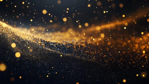 Abstract golden glitter particles on dark background, digital art.