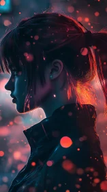 Neon side-profile portrait shows girl amid glowing bokeh haze