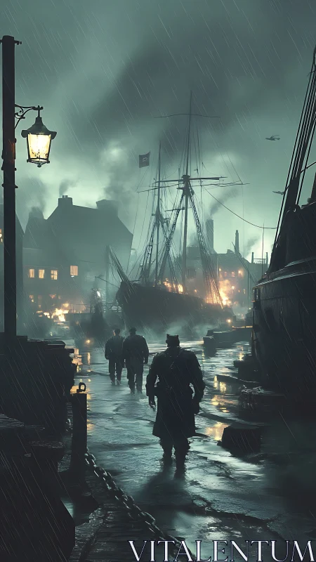 Stormlit harbor shadows walk beneath rain-soaked lamplight.