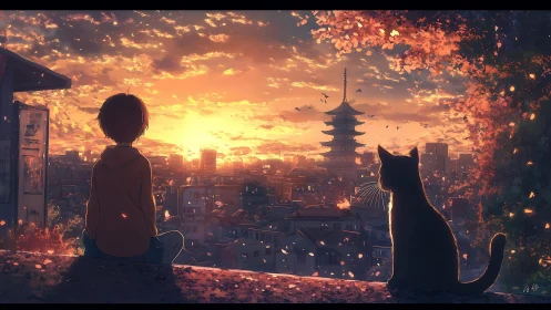 Golden-hour anime cityscape frames child and cat silhouettes
