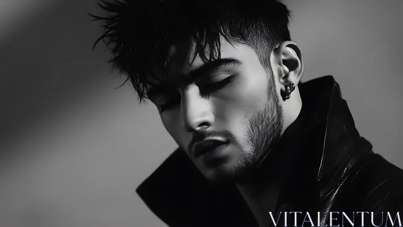 Moody monochrome portrait of young man in leather jacket.