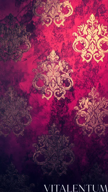 Ornate gold damask motifs shimmer on textured magenta ground