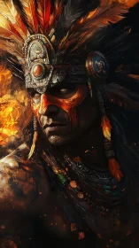 Warrior portrait renders ornate feathered headdress in flame light
