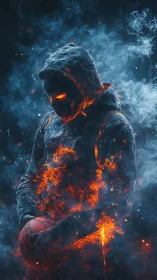 Fiery hooded basketball figure in a smoky dark void.
