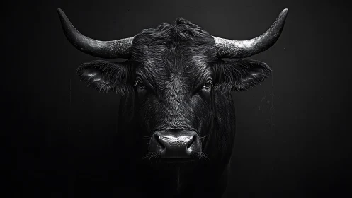 Midnight bull stares down the dark with steel bright horns.