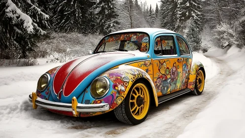 Photorealistic custom Beetle with pop art livery in snowbound forest.