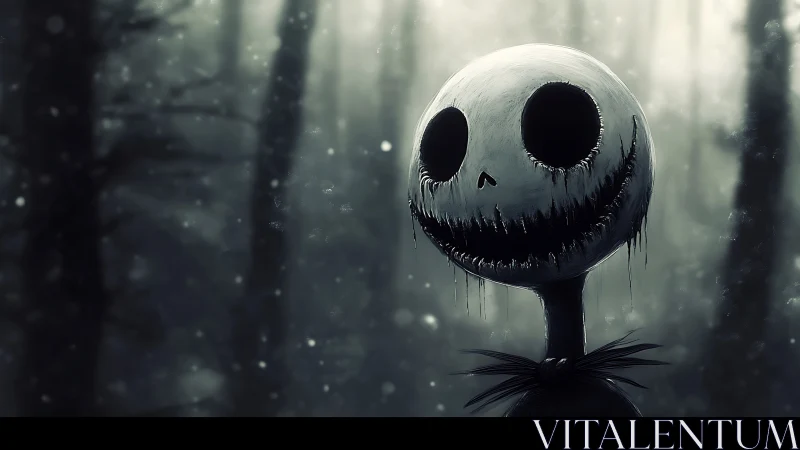 Haunting skeleton figure smiles softly in a misty winter wood