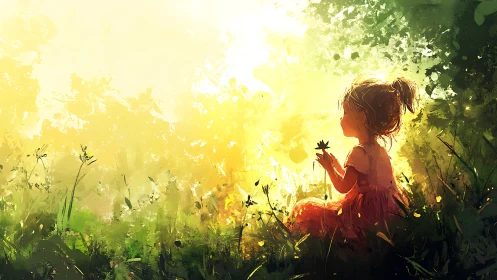 Sunlit daydream: child cradles clover in wild summer glow.
