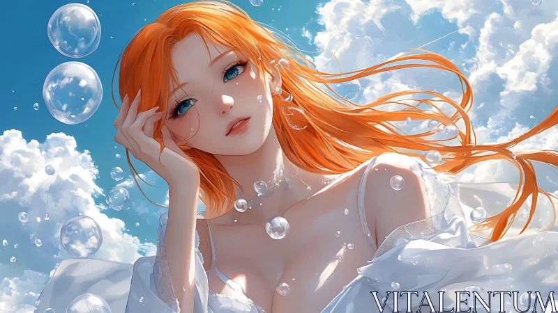 Red haired anime woman with bubbles in bright sky scene.