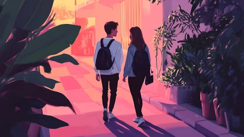 Two figures walk through neon-lit urban corridor at sunset