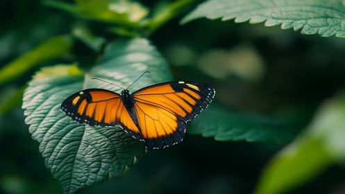 Monarch-like orange butterfly on textured green foliage.
