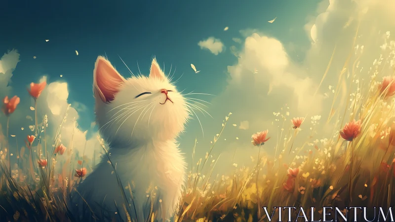 White Cat Blissful in Golden Wildflower Meadow.