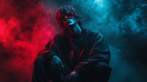 Person in dark clothing under red and blue colored lighting.