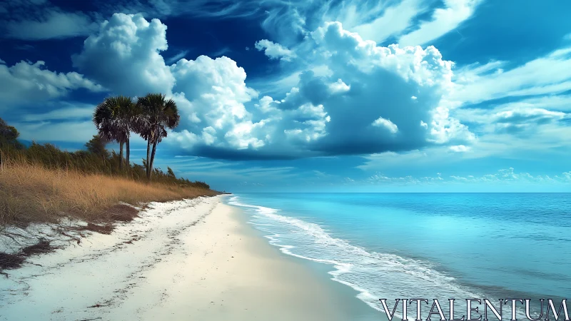 Tropical Shoreline with Palm Trees and Cumulus Cloud Formation.