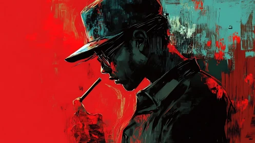 Side-profile digital portrait of man in cap with stylus, red field