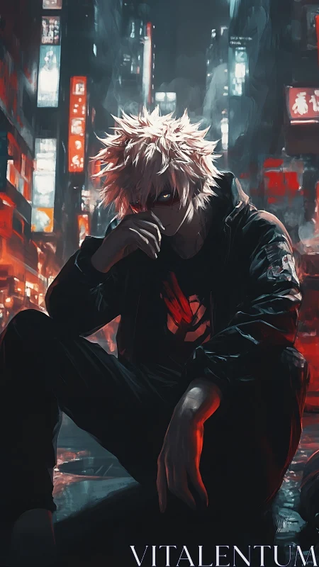 Hooded figure sits in neon city alley with red key light