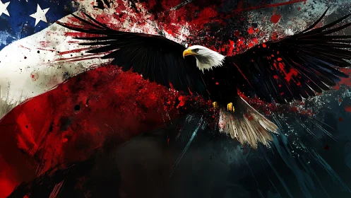 Soaring bald eagle cuts through a dramatic painted flag sky