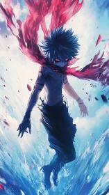 Dynamic anime figure in high-contrast elemental swirl composition.