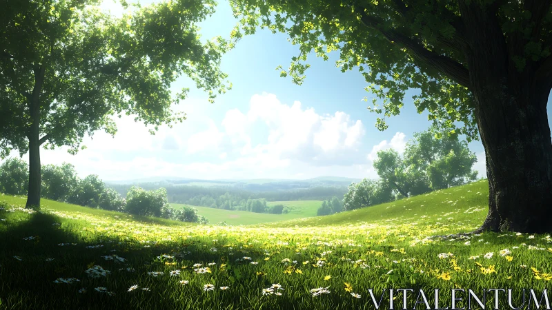 Sunlit meadow landscape framed by large leafy trees.