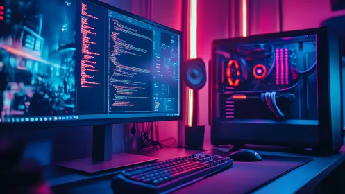 Dual-monitor coding workstation with RGB desktop PC.