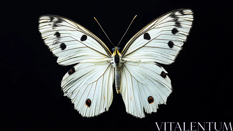 White butterfly macro study with high-contrast black backdrop.