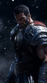 Brooding storm knight in scarred steel armor at nightfall.