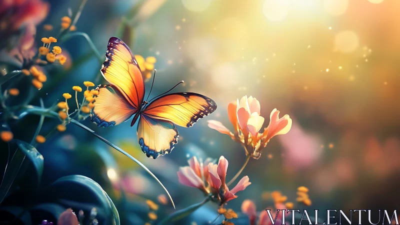 Butterfly drifting through sunlit flowers and soft daydreams.
