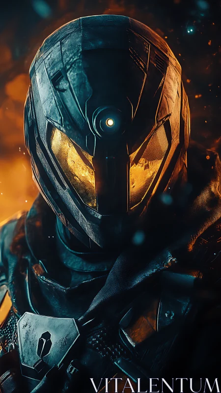 Armored combat exosuit with emissive visor amid volumetric embers