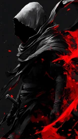 Hooded shadow warrior strides through scarlet chaos.