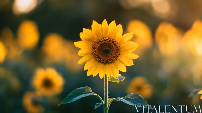 Single sunflower in creamy bokeh field at golden hour light.