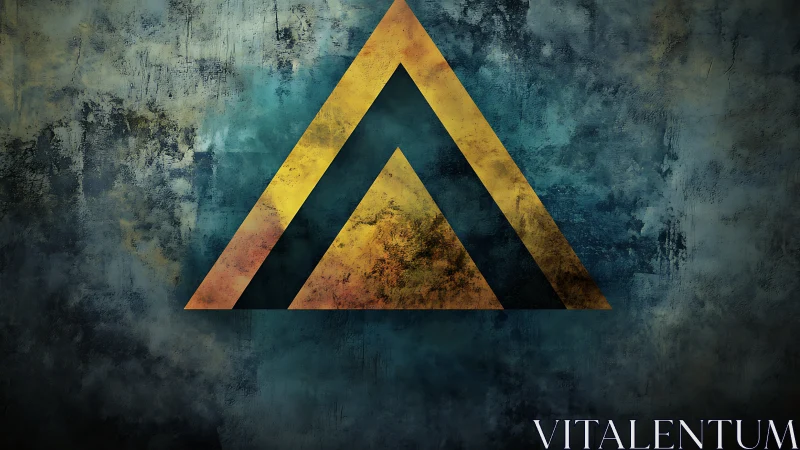 Weathered golden triangle emblem on textured blue wall.