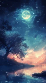 Moonlit river hush beneath dreaming twilight clouds.