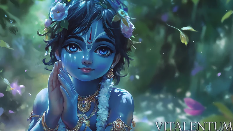 Blue-skinned child deity with flowers in forest light.
