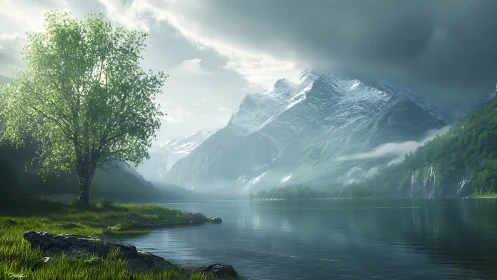 Quiet lakeside morning beneath misty snowlit mountains.