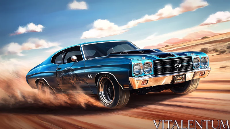 Blue muscle car powers through dusty desert landscape.