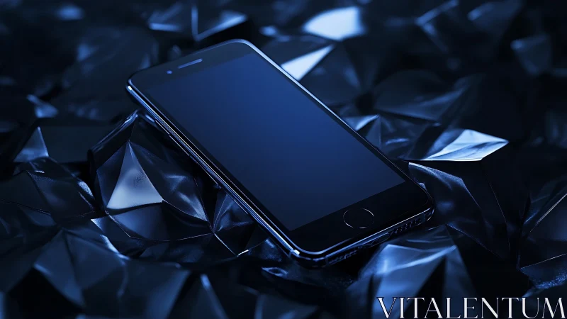 Glossy black smartphone on faceted reflective dark surface