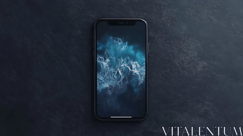 Modern smartphone displaying turbulent atmospheric formations with electric blue plasma effects.