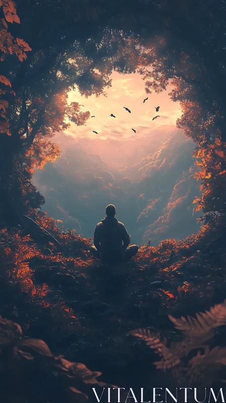 Solitary figure in forest opening viewing distant valley at dusk.