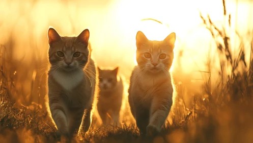 Golden Hour Feline Trio: Cats Prowling Through Luminous Grass.