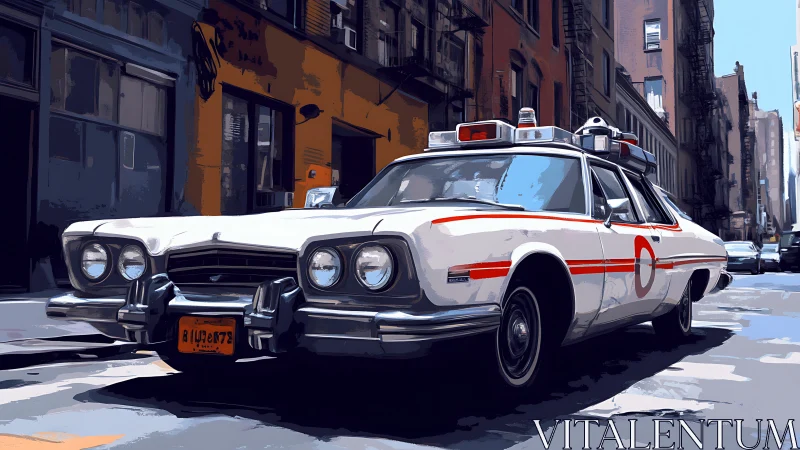 Retro emergency car prowls a sunlit urban side street