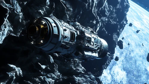 Orbital probe threads an asteroid field above a blue planet