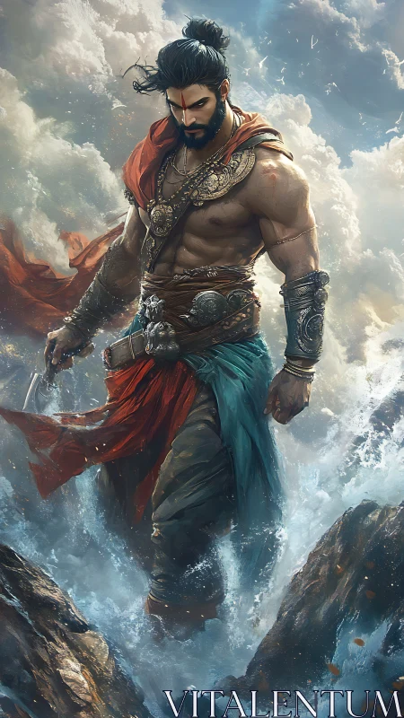 Mythic warrior with ornate armor striding through storm surf