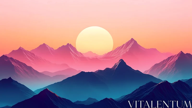 Neon gradient mountainscape with oversized pastel sun at dusk.