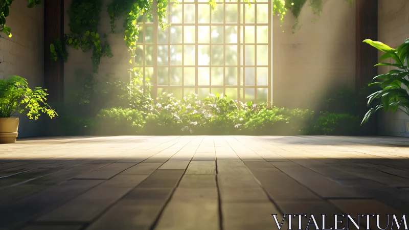 Digital greenhouse loft interior with sunlit botanical flooring.